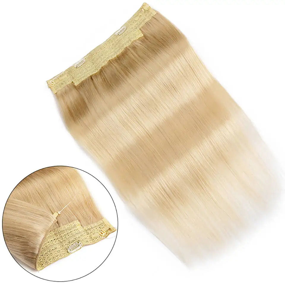 Human Hair Extensions Clip In Hair Long Straight Fish Line With Clip One Piece Halo Hair Extensions Remy Human Hair Blonde Color