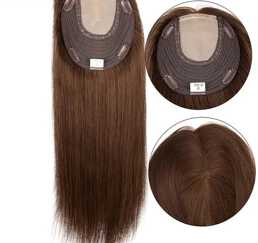 Straight Virgin Human Hair Toppers For Women Jewish Women Toupee Hairpieces With 4 Clip Ins Hair Extensions Lace & PU & Weft 120% Density