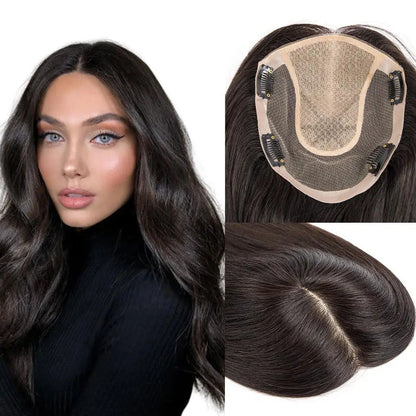 Virgin Human Hair Toppers For Women Silk Base Breathable Lace Toupee With 4 Clips In Hair Pieces And PU Around