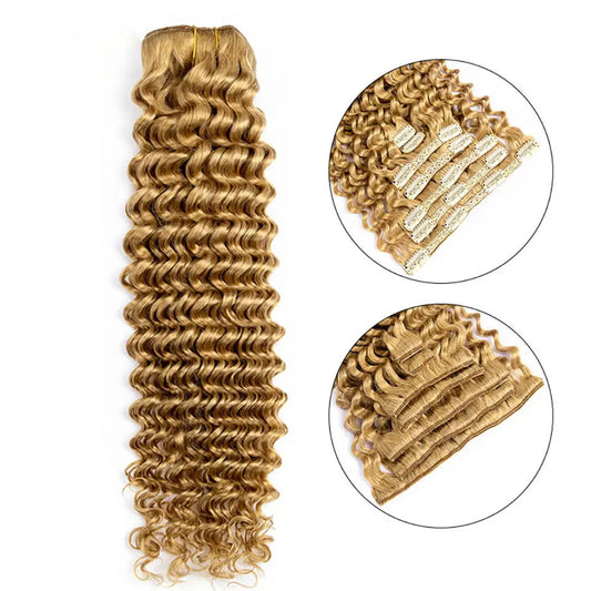 Lace Clip In Hair Extension Human Hair Deep Wave 7pcs/set Human Hair Clip-in Extensions For Women 12-24Inch Honey Blonde 120g