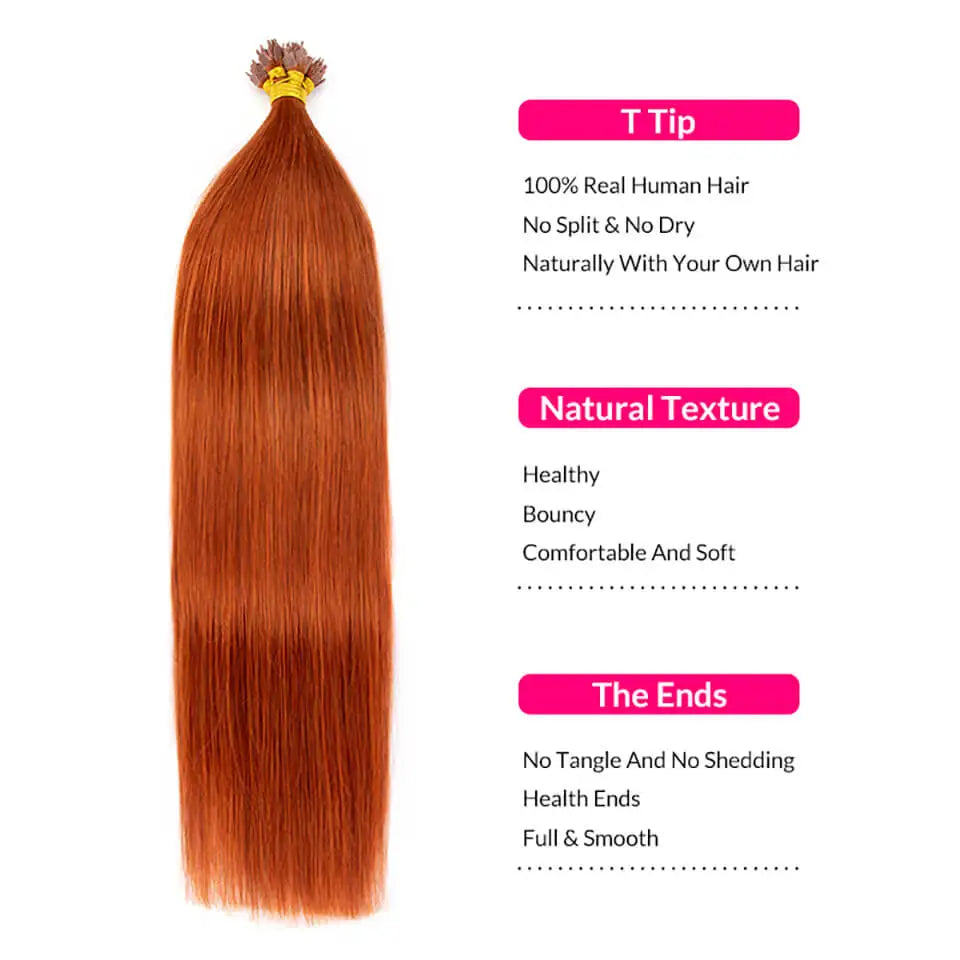 T Tip Hair Extensions Fusion Human Hair 12"-24" Keratin Straight Remy Human Hair Extension