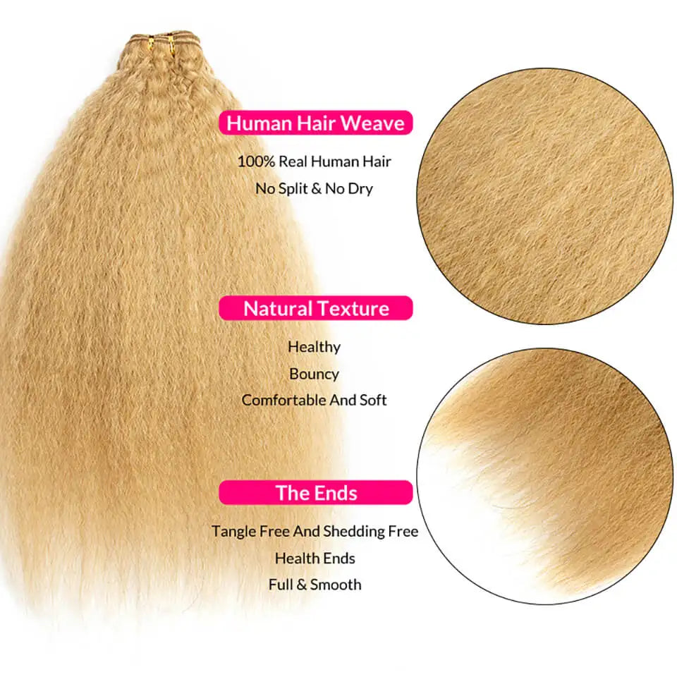 Kinky Straight Human Hair Weaves 100g/pcs Remy Human Hair Bundles Sew In Weft Extensions #27 Honey Blonde Color Natural Hair