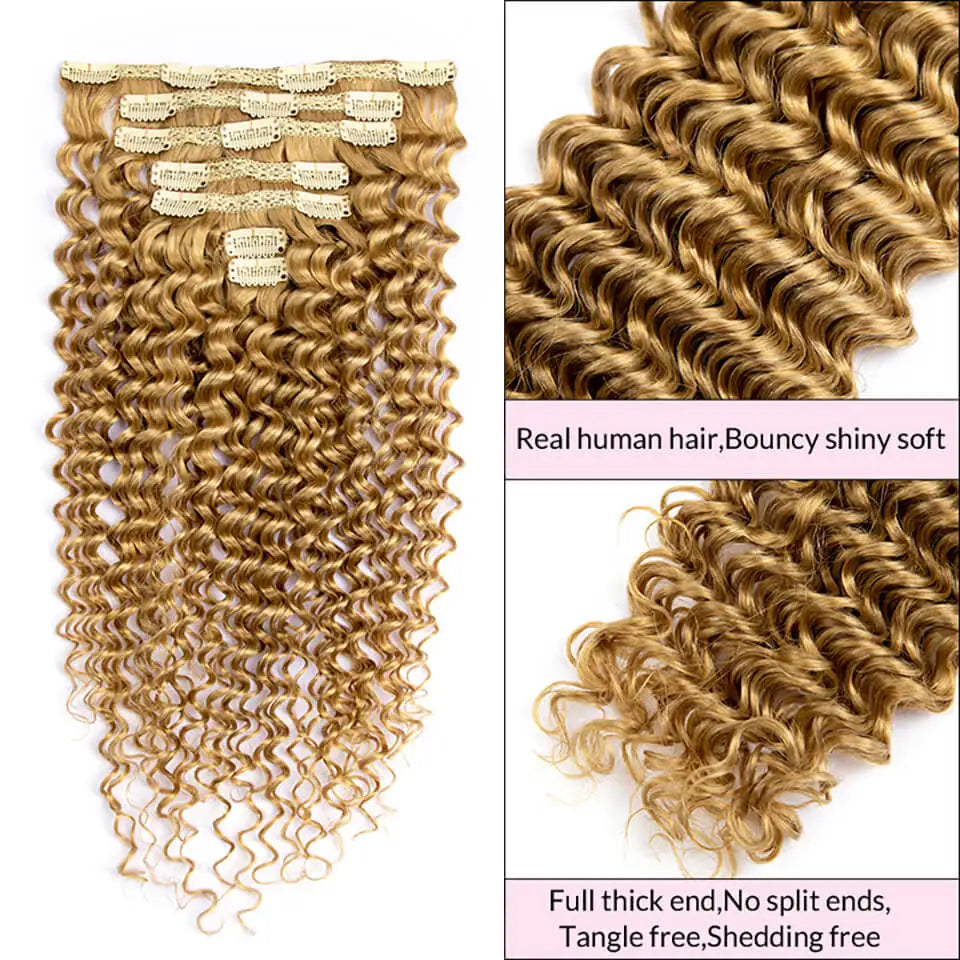 Lace Clip In Hair Extension Human Hair Deep Wave 7pcs/set Human Hair Clip-in Extensions For Women 12-24Inch Honey Blonde 120g