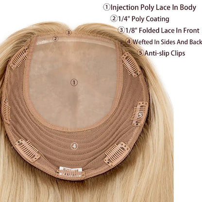 Jewish Human Hair Topper For Women Injection Poly Lace In Body 1/4" Poly Coating & 1/8" Folded Lace In Front Wefted In Sides & Back 120% Density