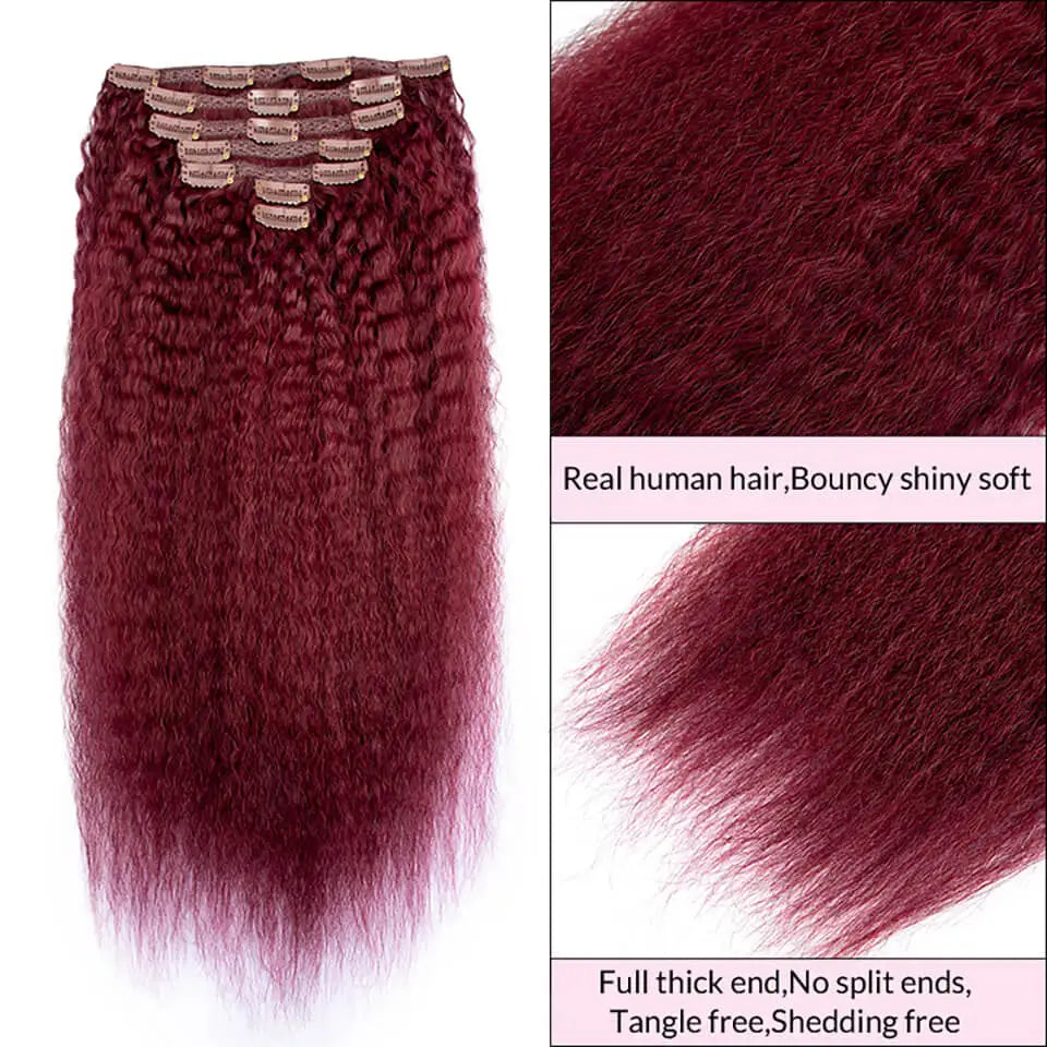 Kinky Straight Clip Ins Hair Extension Human Hair 12-24Inch Burgundy Color Lace Clip In Hair 7pcs/set Remy Human Hair Extensions