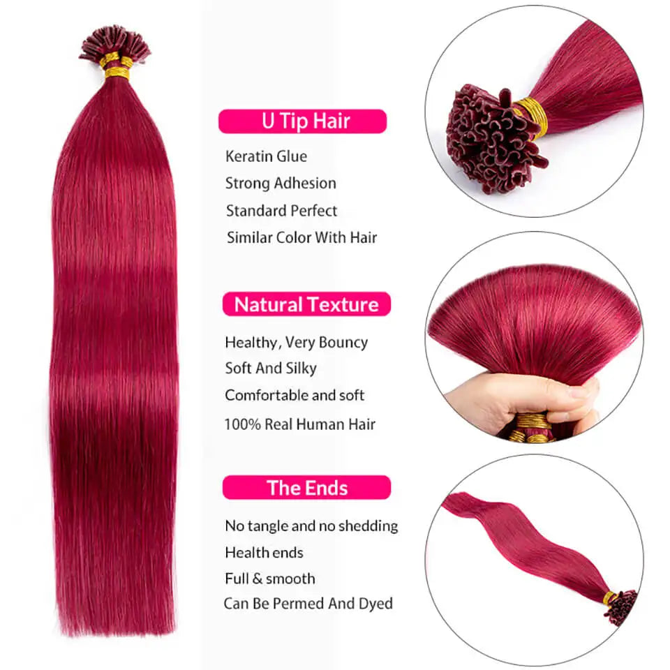 Straight Keratin Tip Hair Extensions Real Human Hair Natural Fusion U Tip Human Hair Extension Burgundy Color