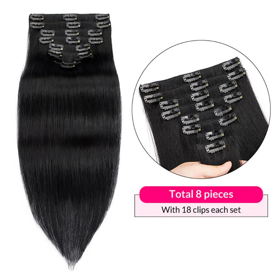 Clip In Hair Extensions Human Hair 8Pcs/set Clip Ins Straight Hair For Full Head Jet Black 100% Remy Human Hair 12-24Inch