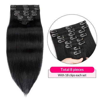 Clip In Hair Extensions Human Hair 8Pcs/set Clip Ins Straight Hair For Full Head Jet Black 100% Remy Human Hair 12-24Inch