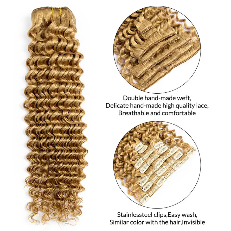 Lace Clip In Hair Extension Human Hair Deep Wave 7pcs/set Human Hair Clip-in Extensions For Women 12-24Inch Honey Blonde 120g