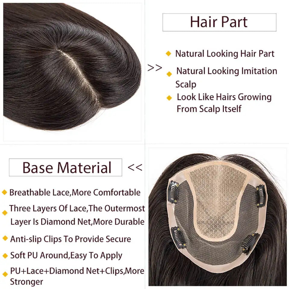 Virgin Human Hair Toppers For Women Silk Base Breathable Lace Toupee With 4 Clips In Hair Pieces And PU Around