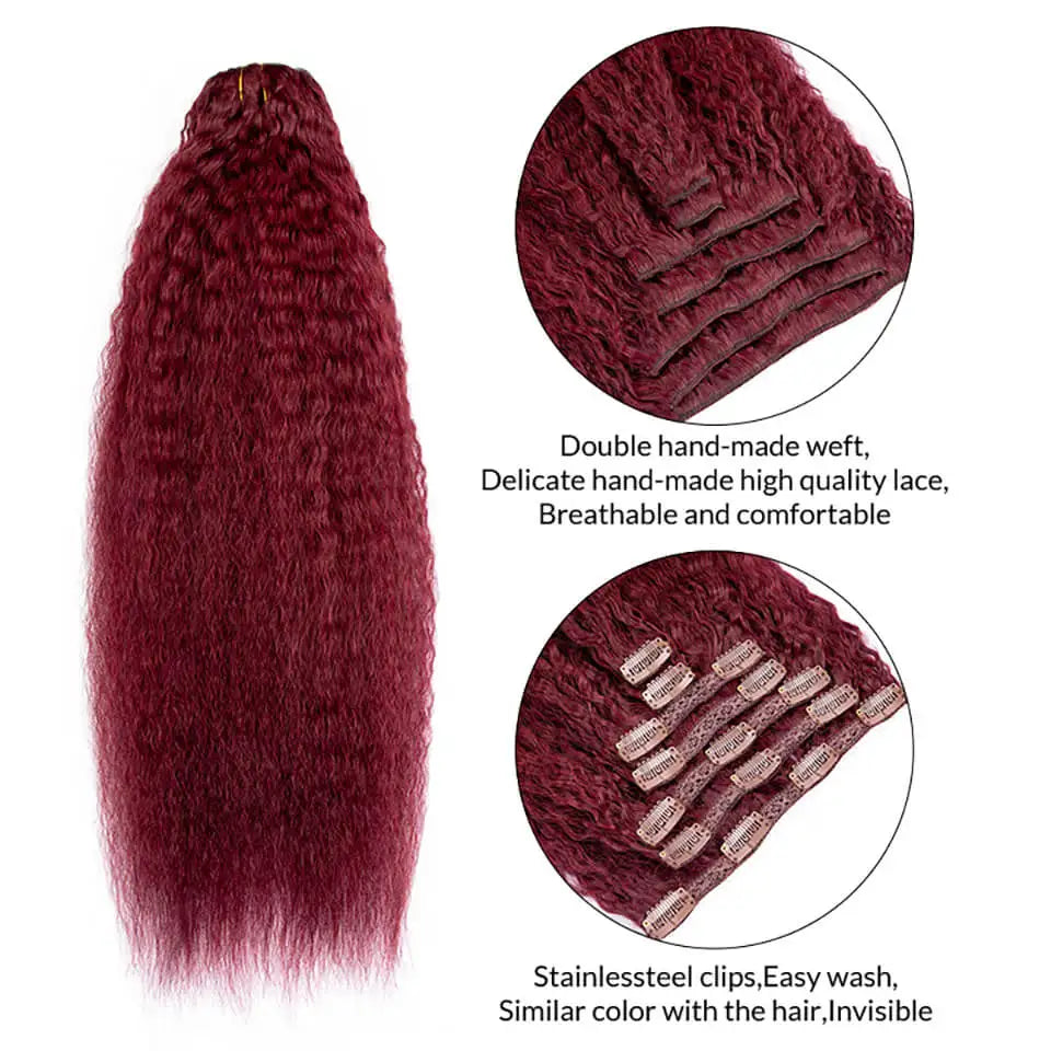 Kinky Straight Clip Ins Hair Extension Human Hair 12-24Inch Burgundy Color Lace Clip In Hair 7pcs/set Remy Human Hair Extensions