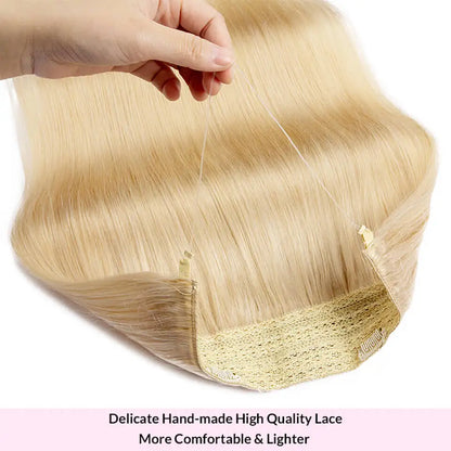 Human Hair Extensions Clip In Hair Long Straight Fish Line With Clip One Piece Halo Hair Extensions Remy Human Hair Blonde Color