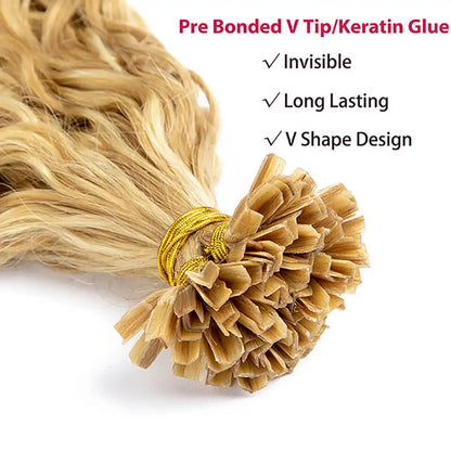 Water Wave V Tip Hair Human Hair Extensions Blonde Keratina Fusion Human Hair 12-24Inch Remy Hair Extension