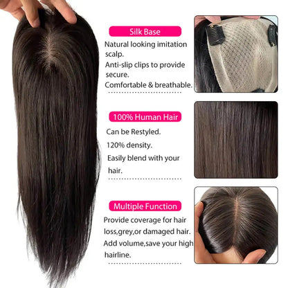 Straight Hair Toppers For Women Skin Silk Base Human Hair Topper With 3 Clips Hairpins Remy Virgin Human Hair Pieces 120% Density