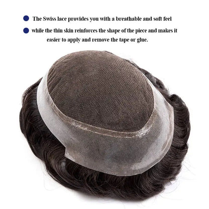 Swiss Australia Toupee Men Swiss Lace and Knotted PU Wig For Men Hair Replacement Unit 6“ Male Hair Prosthesis Systems Unit 120% Density