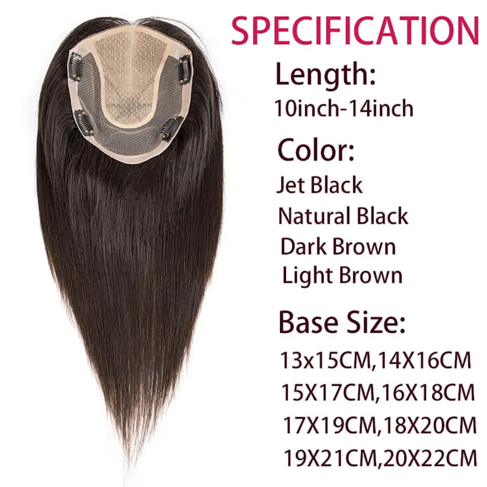 Virgin Human Hair Toppers For Women Silk Base Breathable Lace Toupee With 4 Clips In Hair Pieces And PU Around