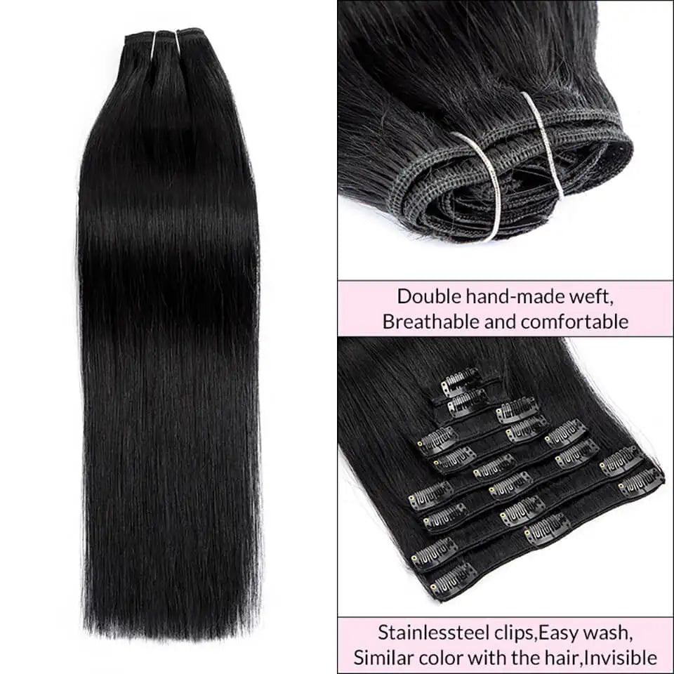 Clip In Hair Extensions Human Hair 8Pcs/set Clip Ins Straight Hair For Full Head Jet Black 100% Remy Human Hair 12-24Inch