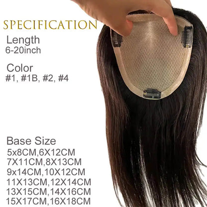 Straight Hair Toppers For Women Skin Silk Base Human Hair Topper With 3 Clips Hairpins Remy Virgin Human Hair Pieces 120% Density