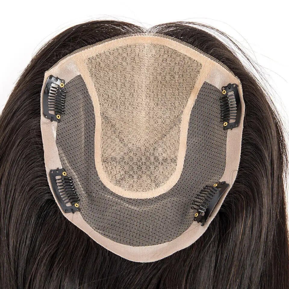 Virgin Human Hair Toppers For Women Silk Base Breathable Lace Toupee With 4 Clips In Hair Pieces And PU Around