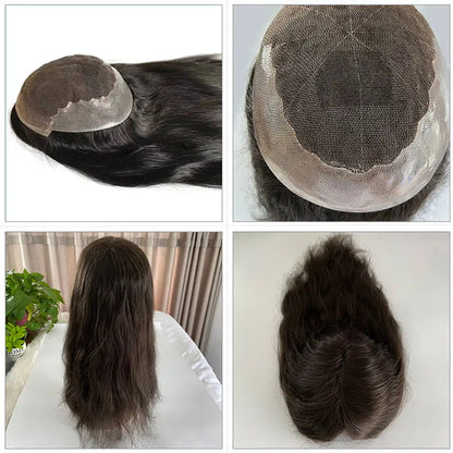 Q6 Long Human Hair Topper With Natural Hairline Breathable Swiss Lace And Pu Straight Hair Toppers For Women Wigs 12-20Inch 120% Density