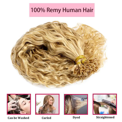 Water Wave V Tip Hair Human Hair Extensions Blonde Keratina Fusion Human Hair 12-24Inch Remy Hair Extension