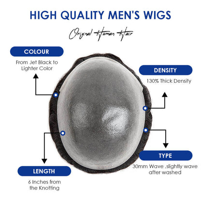 Premium Durable Knotted Microskin Male Hair Prosthesis 0.1-0.12MM Men's capillary prothesis 6" Men Wigs 100% Natural Human Hair 130% Density